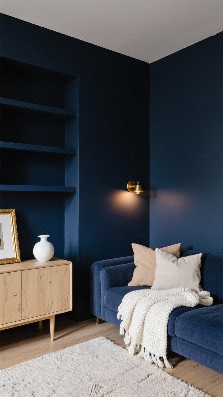 Medium shot: Dramatic living room corner with moody navy walls (inky tone like Hale Navy/Stiffkey Blue) in matte finish; built-in shelves painted the same navy behind a sofa; warm ambient lighting from a brass sconce to prevent the wall reading black at night; light wood sideboard, ivory knit throw and natural linen cushions on a pale rug; brass picture frame and white ceramics pop against the navy; photographed from a slight corner angle.
