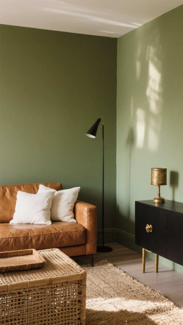 Medium shot: Earthy olive green living room walls (muted tones like Rookwood Sash Green/Clary Sage) with cozy, organic styling; tan leather sofa, woven textures (jute rug and rattan tray), cream pillows, and black accents in a slim floor lamp; aged brass hardware on a console; scuff-concealing matte paint; warm afternoon light creating gentle shadows; photographed from a corner angle.