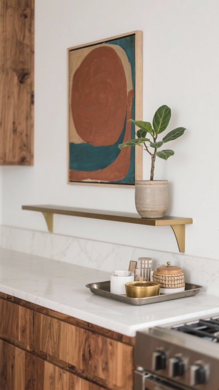 Medium shot: Edited styling vignette on a kitchen wall—one large abstract art piece in muted rust and teal tones above a slim console shelf. A single architectural plant in a ceramic planter, and everyday items corralled on a matte metal tray to keep counters clean. Warm wood and brass accents, restrained, intentional composition.