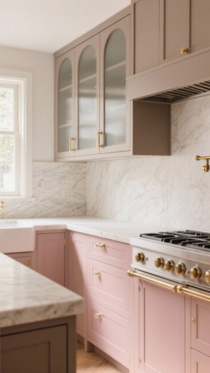 Medium shot: Editorial yet soft kitchen segment with dusty rose lower cabinets (muted, not bubblegum), mushroom taupe uppers, unlacquered brass hardware, creamy-toned stone countertops (no icy whites), and optional ribbed glass upper doors; gentle diffused daylight for a sophisticated, subtle palette.