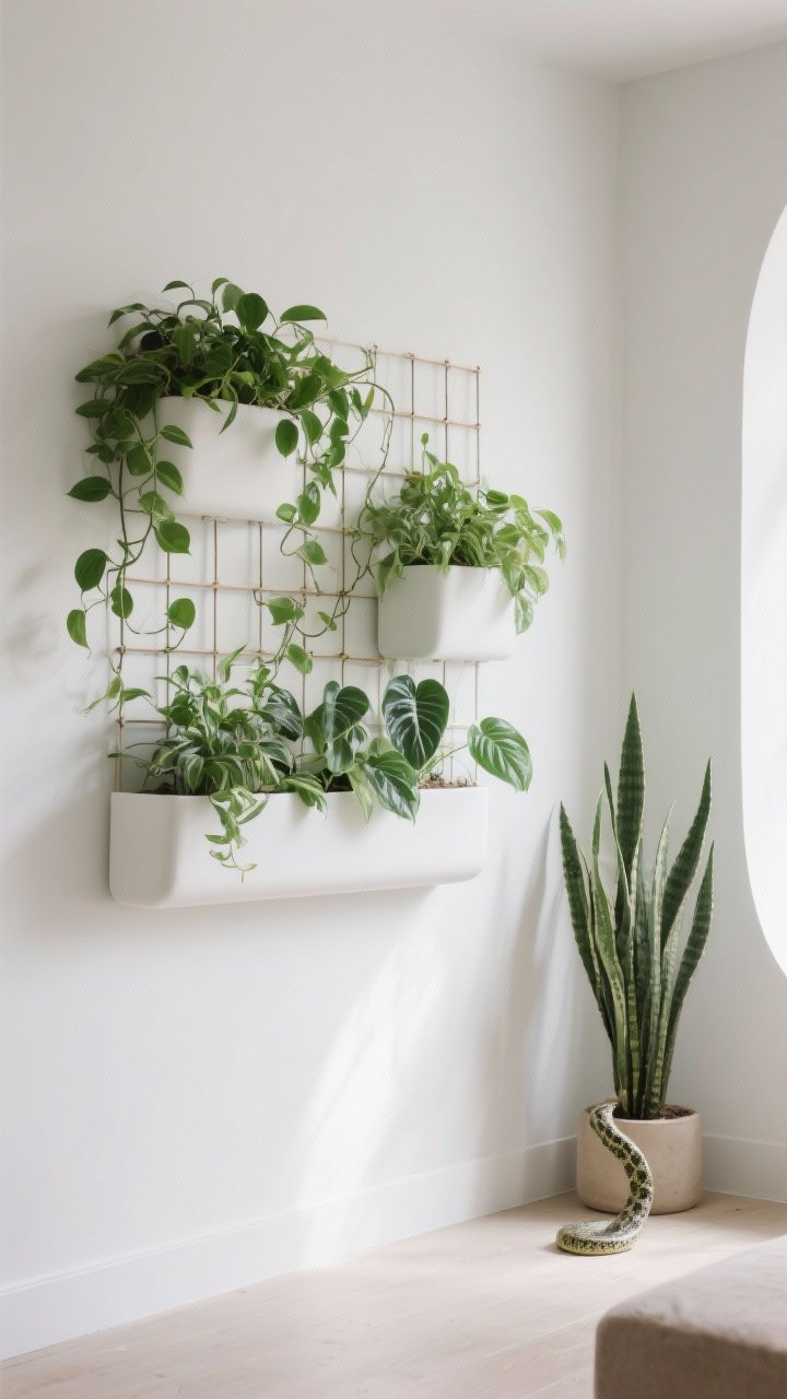 Medium shot: Elevated greenery on the wall—matte white wall-mounted planters holding pothos and philodendron, with a trellis-style grid supporting gentle vines. A lined planter prevents moisture marks; a tall snake plant sits on the floor nearby. Soft indirect daylight, organic shapes softening the room’s lines.