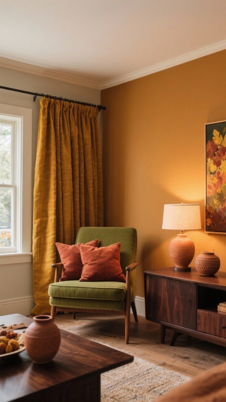 Medium shot embracing earthy ochres and mustards: an ochre wall or mustard textiles paired with olive green chair or artwork, rust/terracotta pillows and ceramics, and dark wood (walnut or mahogany) furniture for richness. Cozy, grounded palette with year-round fall vibes. Warm lamp light mixed with daylight, corner perspective.
