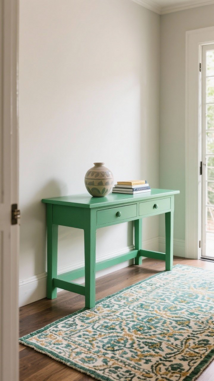 Medium shot emphasizing bold color/pattern: a sage-painted entry table against a neutral wall, paired with a patterned vintage runner underfoot; rest of styling kept restrained—simple ceramic vase and minimal books—to let the table color star; bright natural light, crisp focus, playful yet refined mood