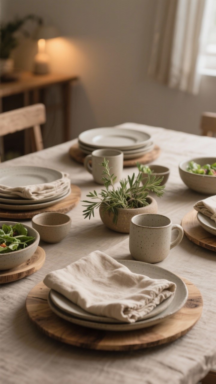 Medium shot: Everyday table setting—neutral stoneware dinner and salad plates stacked on round wood chargers, cloth napkins in oatmeal linen, simple stoneware mugs and small bowls adding a welcoming layer; a casual low centerpiece with a few herbs; warm, dimmable lighting for an inviting, lived-in feel.