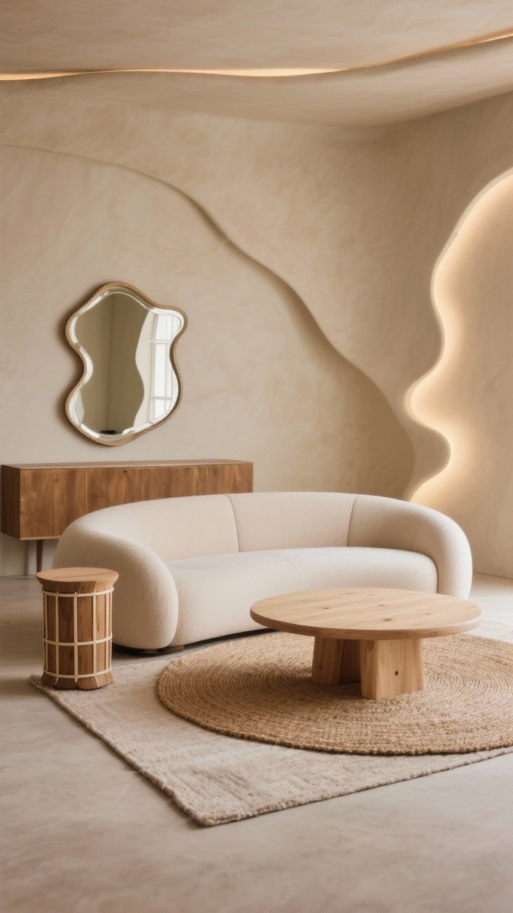 Medium shot featuring organic shapes: a sofa with rounded arms, an oval coffee table in light wood, a drum side table, and a wavy-edge mirror over a console; layered rugs with a rounded jute rug peeking beneath a rectangular one; warm neutral palette; side lighting to emphasize curves and gentle shadows; soft, flowing composition.