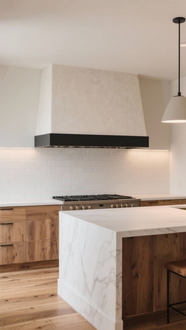 Medium shot focused on a statement range hood: smooth plaster hood with a slim matte black metal band, backed by simple matte white zellige tile; white oak island echoing the hood’s tone, wide-plank oak floors; minimal trim, no corbels; warm ambient light with gentle reflections highlighting the hood’s texture, photorealistic.