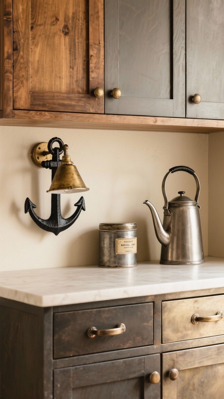 Medium shot focused on mixed metals: matte black anchor metal on cabinet cup pulls and light fixture, aged brass secondary on a small sconce and canister labels, and a brushed nickel accent on a kettle; repeat each finish at least twice; warm neutral background with wood accents to keep the look cohesive, not chaotic.