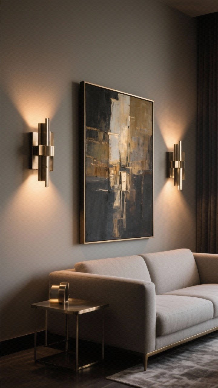 Medium shot focusing on a pair of sconces that double as art, flanking a central artwork above the couch; sconces installed at 60–66 inches from the floor, aligned to the art rather than the sofa ends; metal finishes coordinated with other room metals; warm, moody glow aimed slightly downward to highlight the art without glare; balanced, symmetrical composition, photorealistic lighting falloff.