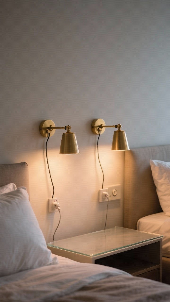 Medium shot focusing on a pair of wall-mounted plug-in swing-arm sconces in soft brass over each bedside, cords neatly managed, set to a cozy 2700K warmth; dimmer control visible; clear surfaces with no table lamps, freeing nightstand space; intimate evening ambiance, photorealistic