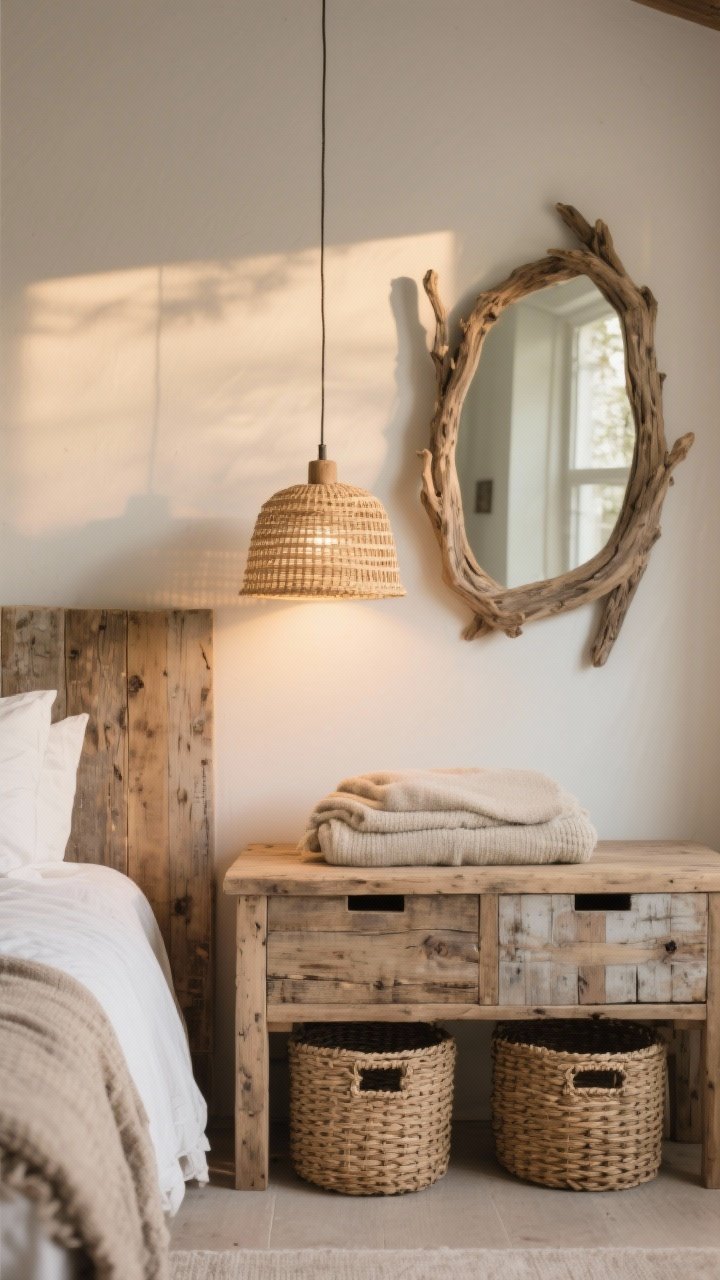 Medium shot focusing on natural wood and woven accents: weathered wood nightstands with visible grain, woven baskets for blankets under the nightstand, a rattan pendant light casting a warm glow, and a driftwood-style framed mirror above; neutral palette with light walls; slightly patinaed finishes; late afternoon warm lighting; photorealistic