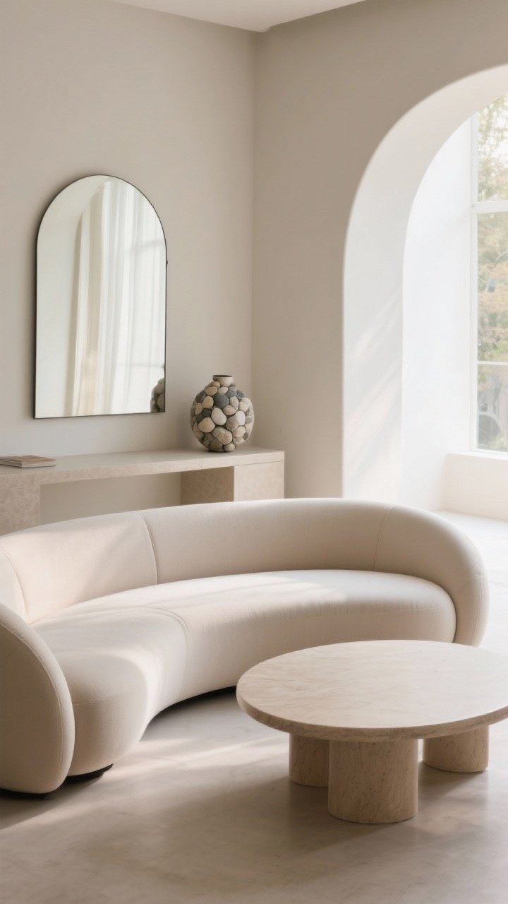 Medium shot focusing on organic curves: a curved sofa paired with an oval coffee table; nearby, an arched mirror and a pebble-shaped vase on a console. Straight architectural lines softened by rounded elements. Gentle daylight from the side, highlighting soft edges and a human, welcoming feel.