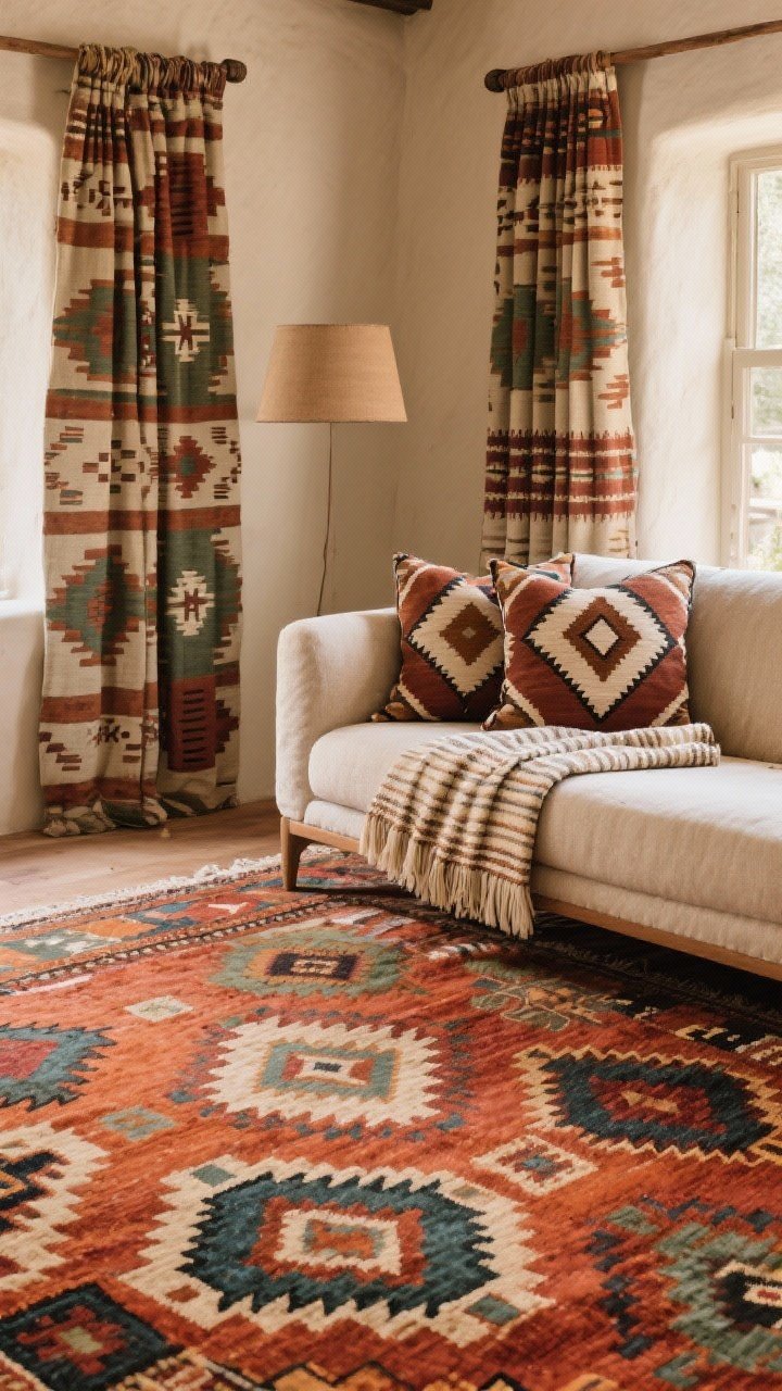 Medium shot focusing on pattern mixing: a bold large-scale kilim rug on the floor, curtains with a restrained Western-inspired motif; sofa styled with mudcloth and diamond-pattern throw pillows (medium scale), and a subtle woven stripe throw (small scale); cohesive palette of terracotta, rust, sage, and sand keeps it grounded; straight-on perspective, balanced composition.