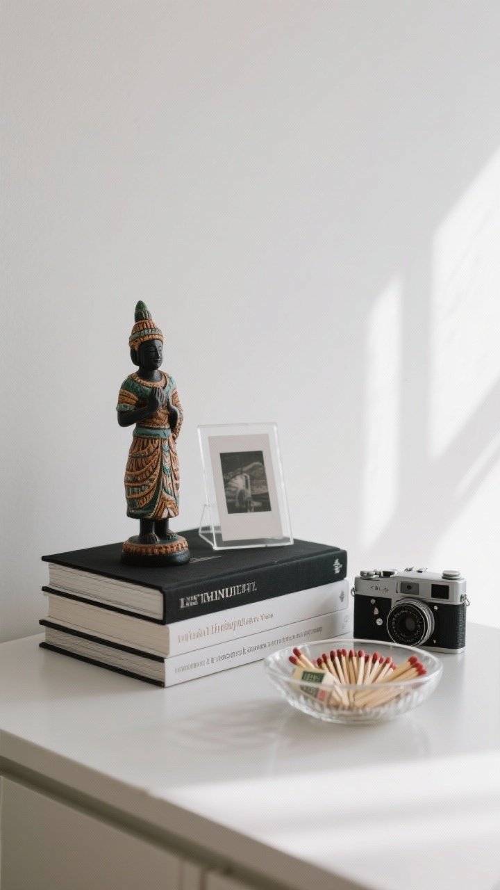 Medium shot focusing on personal mementos elevated: a travel souvenir (small artisan statue) placed atop a monochrome book stack, a small acrylic-framed photo beside it, and a vintage camera in a clear glass dish with collected matchbooks. Balanced, tasteful arrangement with negative space; soft morning light; straight-on view.