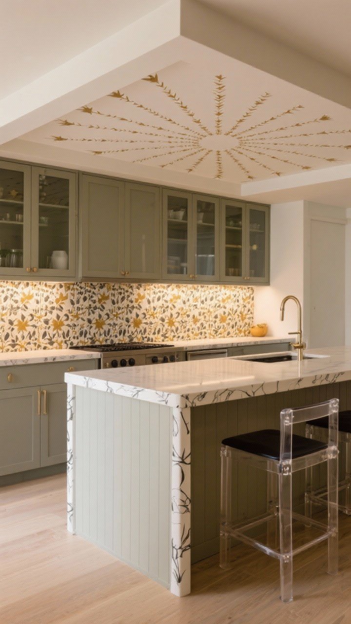Medium shot focusing on unexpected wallpaper placements: the bar side of a kitchen island wrapped in durable vinyl with acrylic corner guards; the ceiling above features a subtle starburst pattern that lifts the room; the backs of glass-front cabinets are lined with a playful contrasting print. Warm, even lighting enhances textures without glare. Corner angle composing island front, ceiling, and cabinet interiors together, photorealistic.