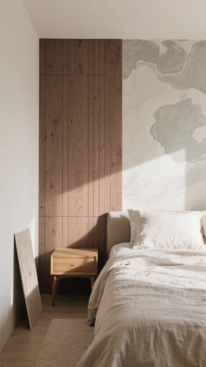 Medium shot from a corner angle: A cozy accent wall behind the bed clad in vertical wood slats painted a warm taupe, adding height; adjacent section shows soft gray-beige limewash creating cloud-like movement. Natural morning light grazing the texture, neutral linen bedding, simple oak nightstand, peel-and-stick reeded panel sample leaning on the floor, subtle shadows emphasizing the texture.