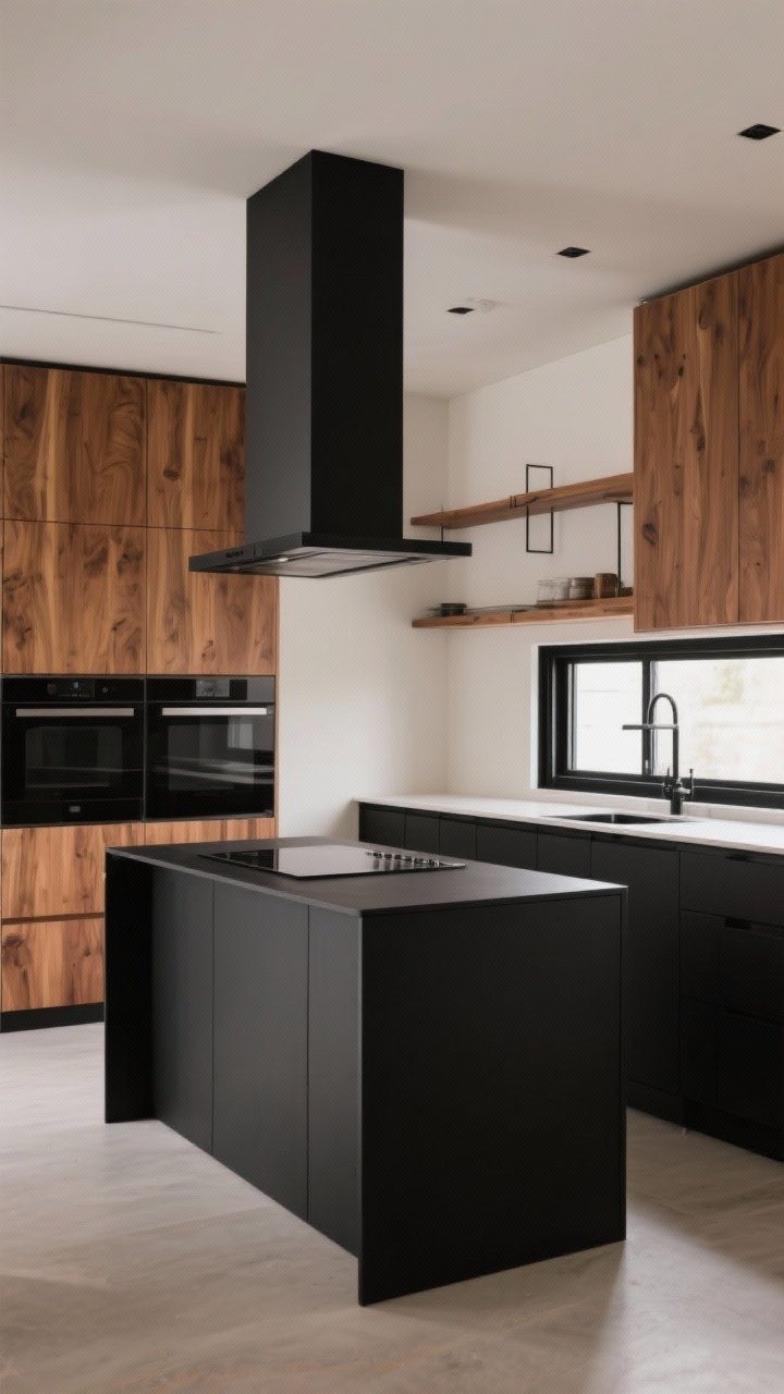 Medium shot from a corner angle: A two-tone kitchen with black lower perimeter cabinets and warm wood upper cabinets, an island in matte black anchoring the space, open wood shelving instead of uppers on one wall, and black repeated on a streamlined range hood and slim black window frames; cohesive contemporary vibe, balanced warm lighting.
