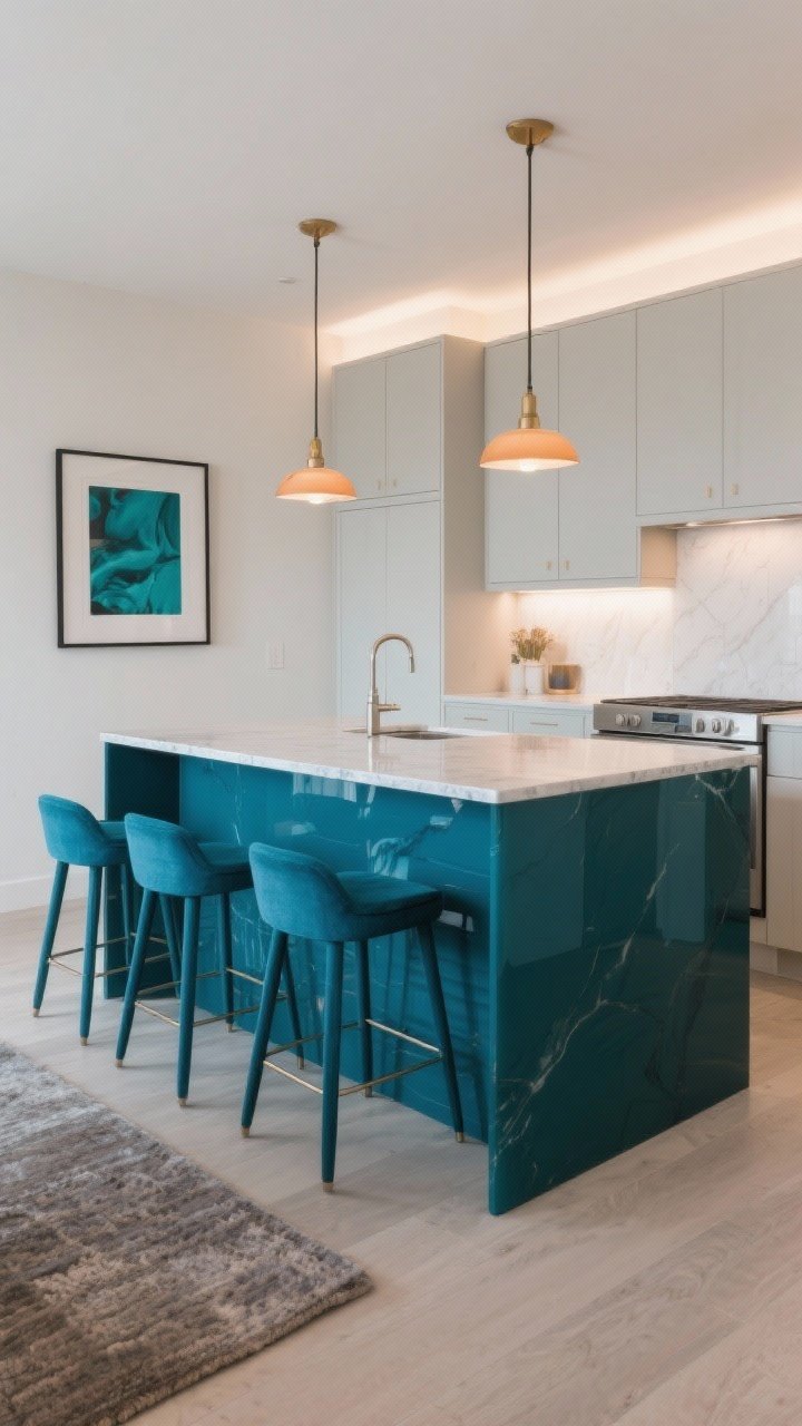 Medium shot from a corner angle focusing on a bold island as the accent: deep teal/ink blue glossy island with waterfall quartz countertop, surrounded by neutral perimeter cabinets in soft white/greige matte finish; tie-in accents include matching blue bar stools, a framed art print with teal tones, and a muted rug; warm pendant lighting above island, under-cabinet lighting on perimeters; overall sleek modern vibe with minimal decor.