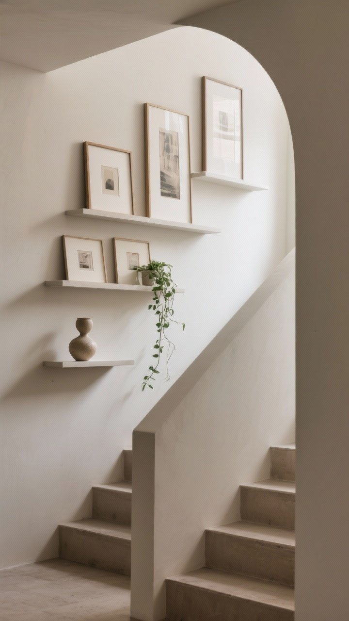 Medium shot from a corner angle: Narrow floating picture ledges staggered to follow the stair slope in two tiers. Layered frames with tall pieces at the back and smaller in front, plus a small ceramic sculpture and a trailing plant for texture. Neutral wall, soft indirect daylight, photorealistic.