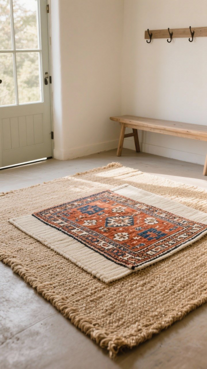 Medium shot from a corner angle showing a layered rug look: a large natural jute base rug extending 6 inches beyond a smaller patterned kilim on top; show a thin rug pad peeking subtly under the jute, with a low-clearance front door ajar to demonstrate fit; color pops on the kilim (rust, indigo, cream) against the sandy jute; include a simple bench and wall hooks; soft morning light; focus on the depth created by the two textures.