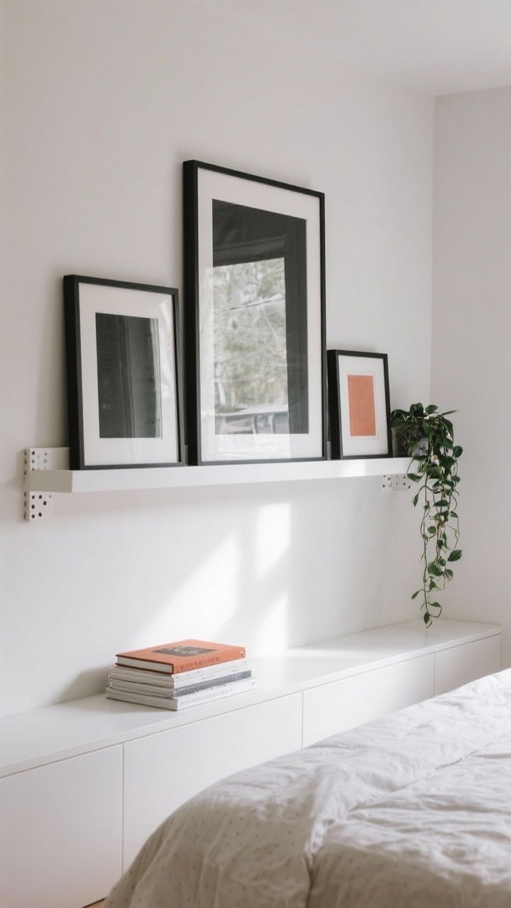Medium shot from a slight side angle: Narrow white picture ledge shelves above the bed holding layered frames—tall pieces at the back, smaller in front—with a restricted color palette of black, white, and muted terracotta. A trailing plant and a couple of stacked art books add dimension; tiny dots of museum putty visible under frame corners, soft afternoon light.