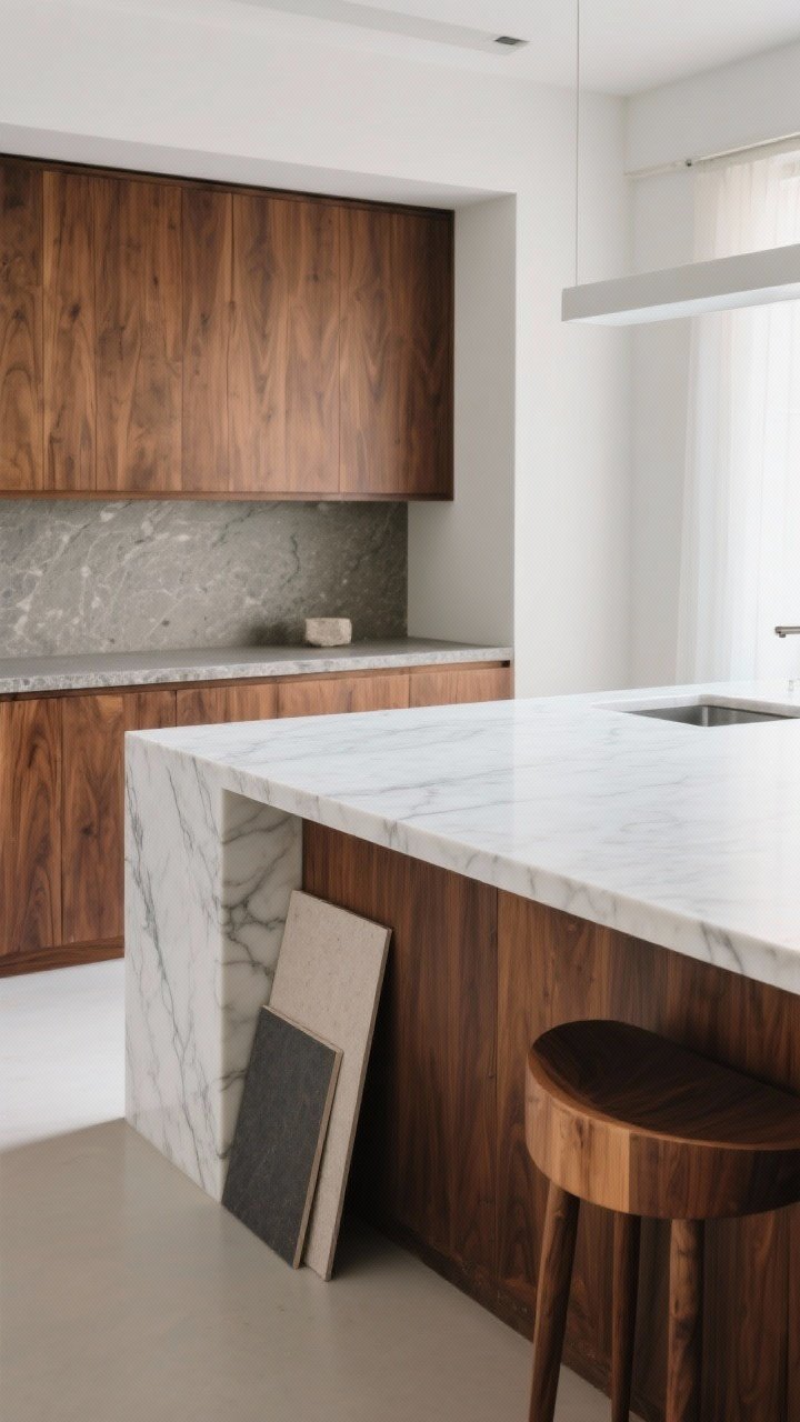 Medium shot from corner angle: Waterfall countertop in quartz with subtle veining on a slim, thin profile island, nodding to vintage practicality. Soapstone perimeter counters and a side vignette of laminate with a rounded wood edge sample leaning nearby. Clean planes, mid century cabinetry in walnut, soft diffuse daylight enhancing the sleek lines.