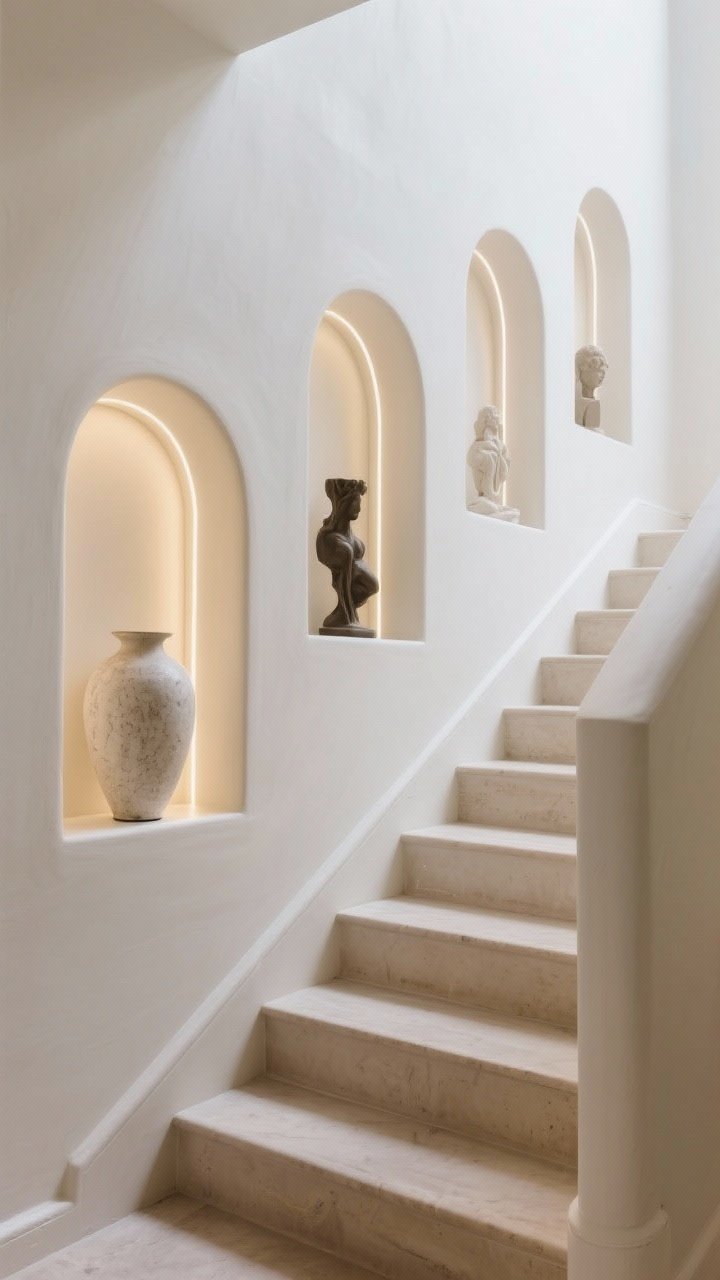 Medium shot from lower step perspective: A sequence of painted arches on the stair wall framing small sculptures and a vase, evenly spaced for rhythmic flow. One built-in niche with a hidden LED strip glows softly, giving a custom, luxe feel. Warm white paint with a soft eggshell sheen, photorealistic.