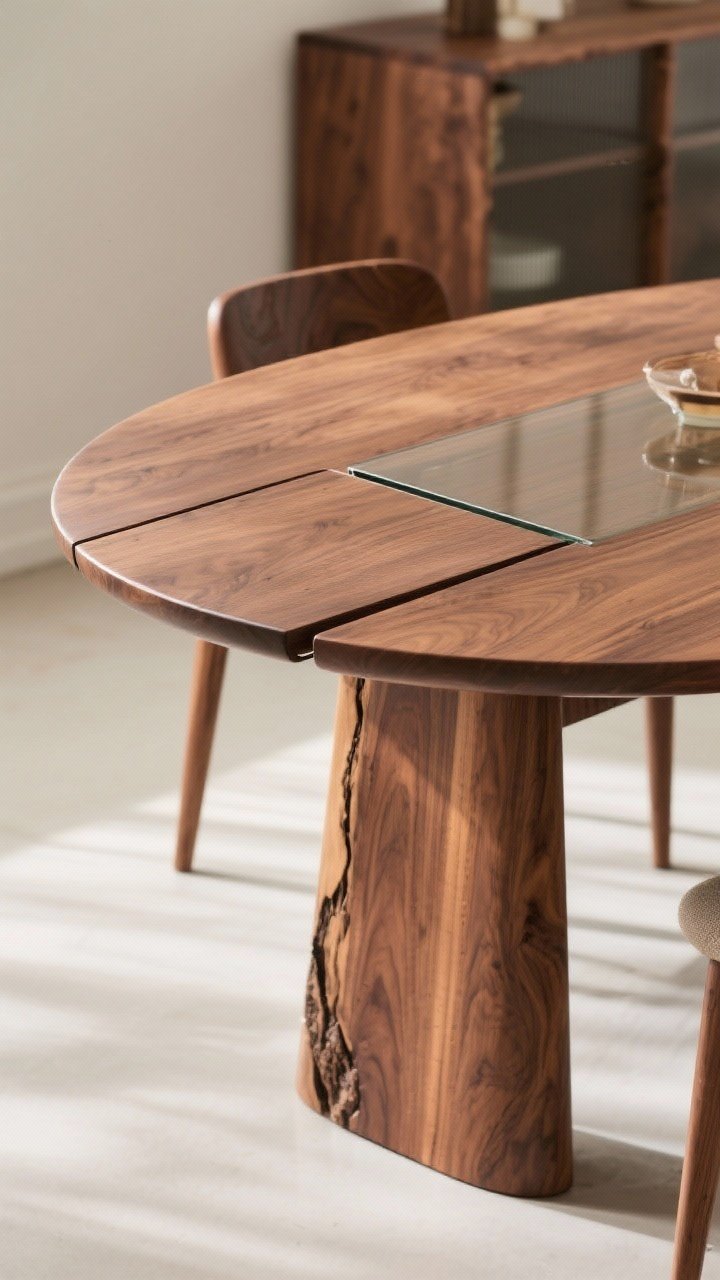 Medium shot from table height: A statement mid-century dining table with sleek profile, tapered legs, and organic live edge in natural walnut; oval top with extendable leaf partially visible; pedestal base providing open legroom; subtle warm wood grain, soft afternoon light; optional glass variant in background but wood front and center, photorealistic.