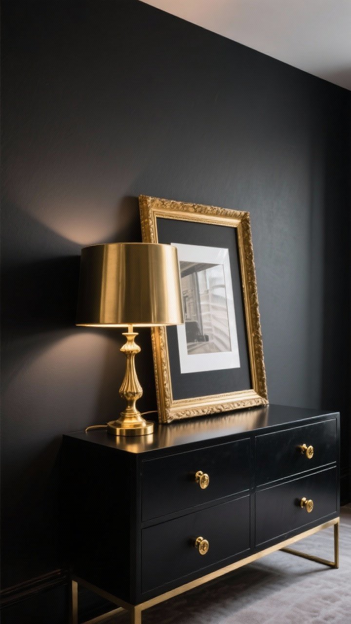 Medium shot: Glam accents against black—matte charcoal walls with a consistent brass story: brass table lamp, brass picture frame, and brass cabinet hardware on a black dresser; gentle warm lighting making the brass gleam and bounce light; no competing metals for a cohesive, polished look.