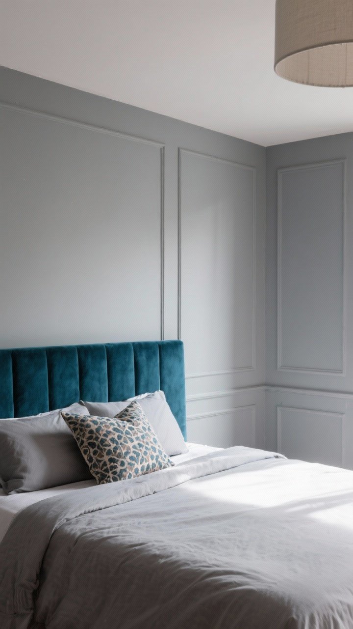 Medium shot highlighting a calm palette: misty gray walls and trim in the same monochrome hue, a lighter ceiling shade, and one bold moment—a moody velvet headboard in deep teal; low-contrast bedding and a single patterned pillow; tranquil morning light, photorealistic