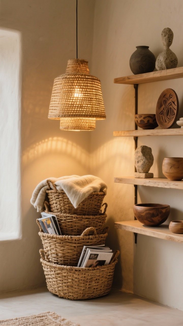 Medium shot highlighting artisan and woven accents: rattan or cane pendant light casting warm, dappled glow over a corner; a stack of woven baskets used for blanket and magazine storage; open shelving styled with hand-thrown ceramics, carved wood bowls, and small stone sculptures; warm, golden lighting emphasizes handcrafted textures.