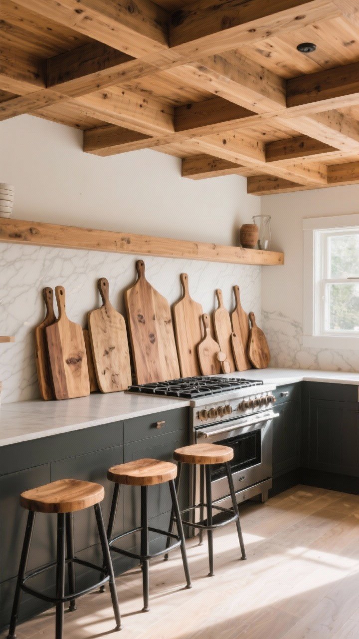 Medium shot highlighting authentic wood tones: faux box ceiling beams, a cluster of oversized wood cutting boards leaned behind the range, and counter-height stools with wood seats and black metal frames; soft daylight skimming across the grain to emphasize warmth without overloading every surface.