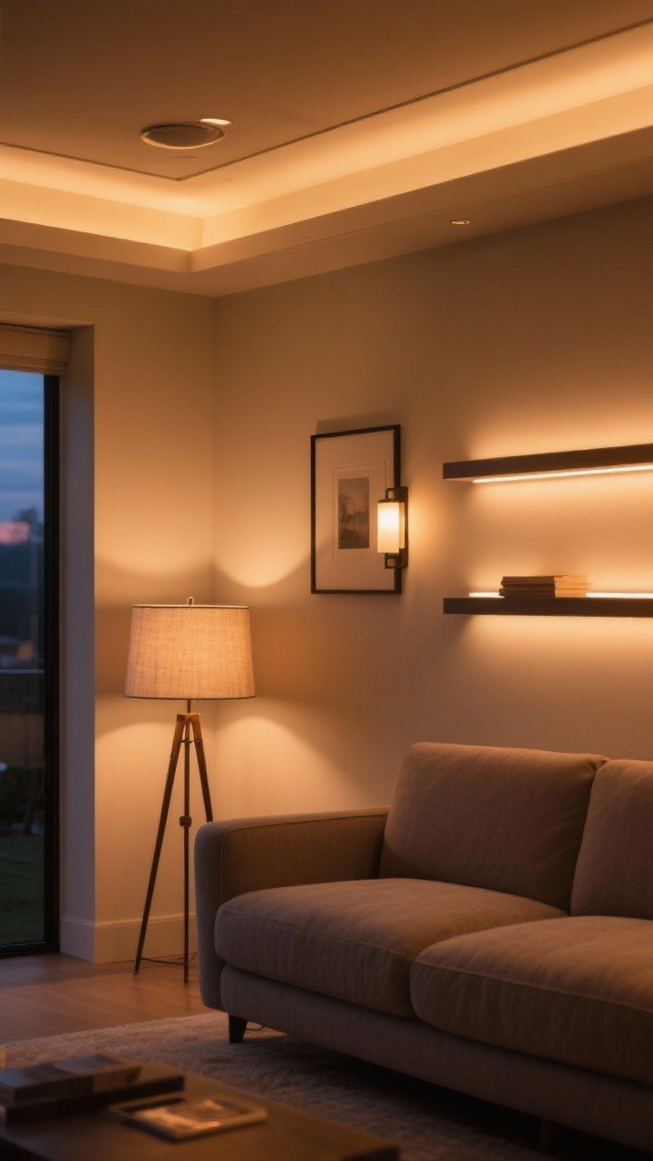 Medium shot highlighting layered warm lighting: ambient flush-mount overhead set to 2700K, a floor lamp by the sofa for task lighting with a linen drum shade, and a wall sconce or picture light as accent. Shelving with a faint LED strip glow. Evening scene with cozy, warm color temperature and soft pools of light.