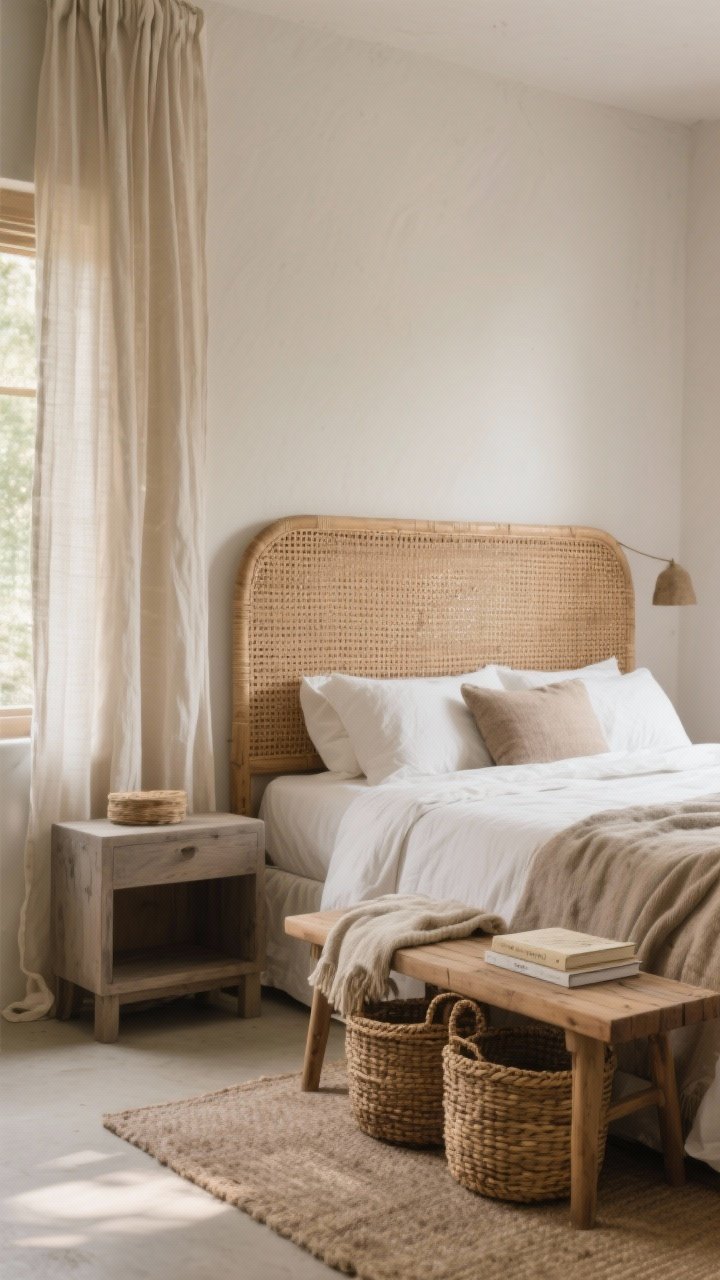 Medium shot highlighting natural materials: rattan headboard, wicker bench at the foot of the bed, woven baskets with blankets and books, linen curtains softly filtering light, cotton bedding, and a matte-finished wood nightstand; textures read earthy and slightly imperfect, no shiny finishes; gentle afternoon light; no people.
