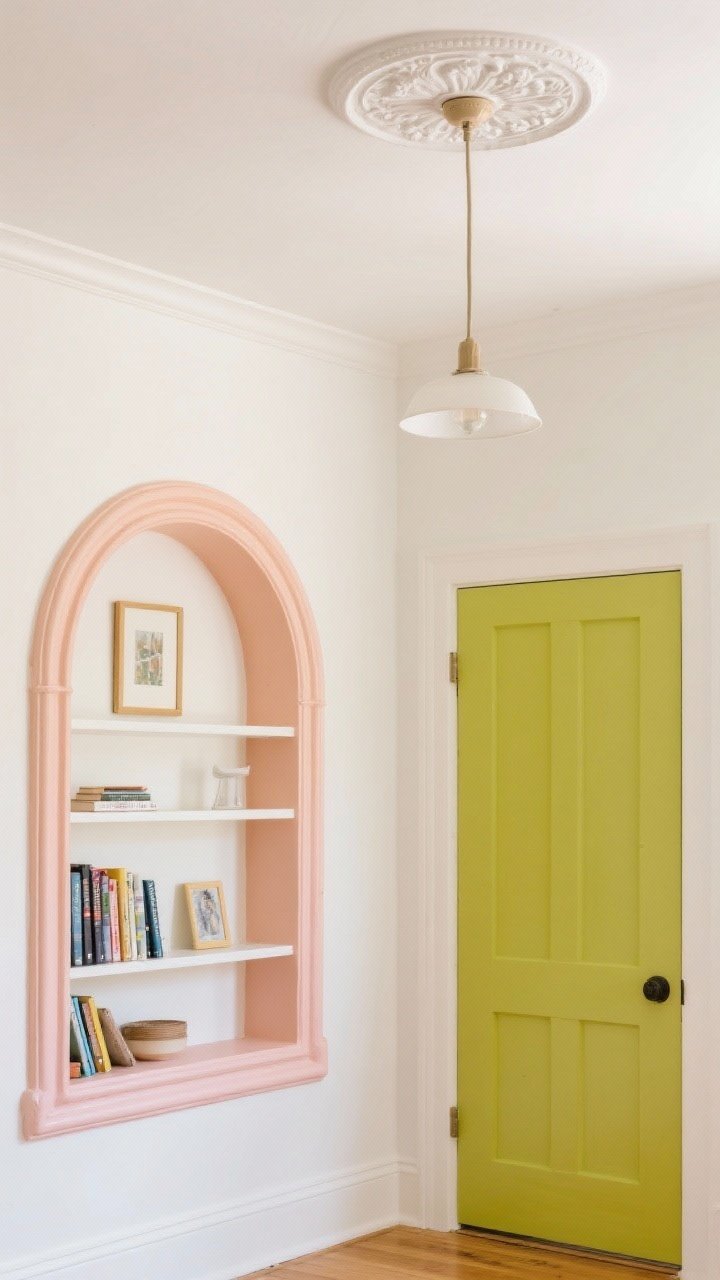 Medium shot highlighting playful architectural details: a painted arch in soft blush framing a bookshelf, peel-and-stick picture-frame molding painted to match the warm white walls, and an interior door painted a cheerful chartreuse; subtle ceiling medallion visible above a simple pendant; bright, clean daylight emphasizing the crisp lines and added character.