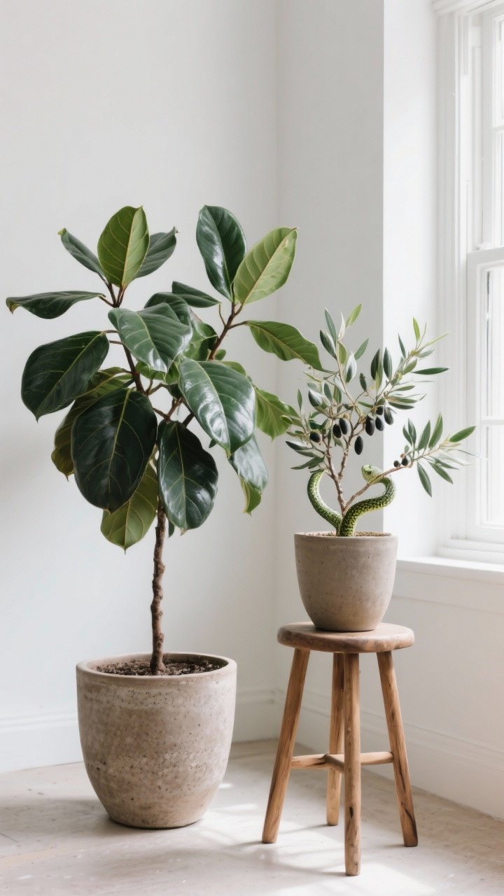Medium shot highlighting real greenery: a rubber plant and an olive stem arrangement placed near a window in matte ceramic and textured clay pots; a snake plant on a low wood stool; bright, indirect daylight glazing the sculptural leaves; the pots are simple and muted to let the plants be the focal point.