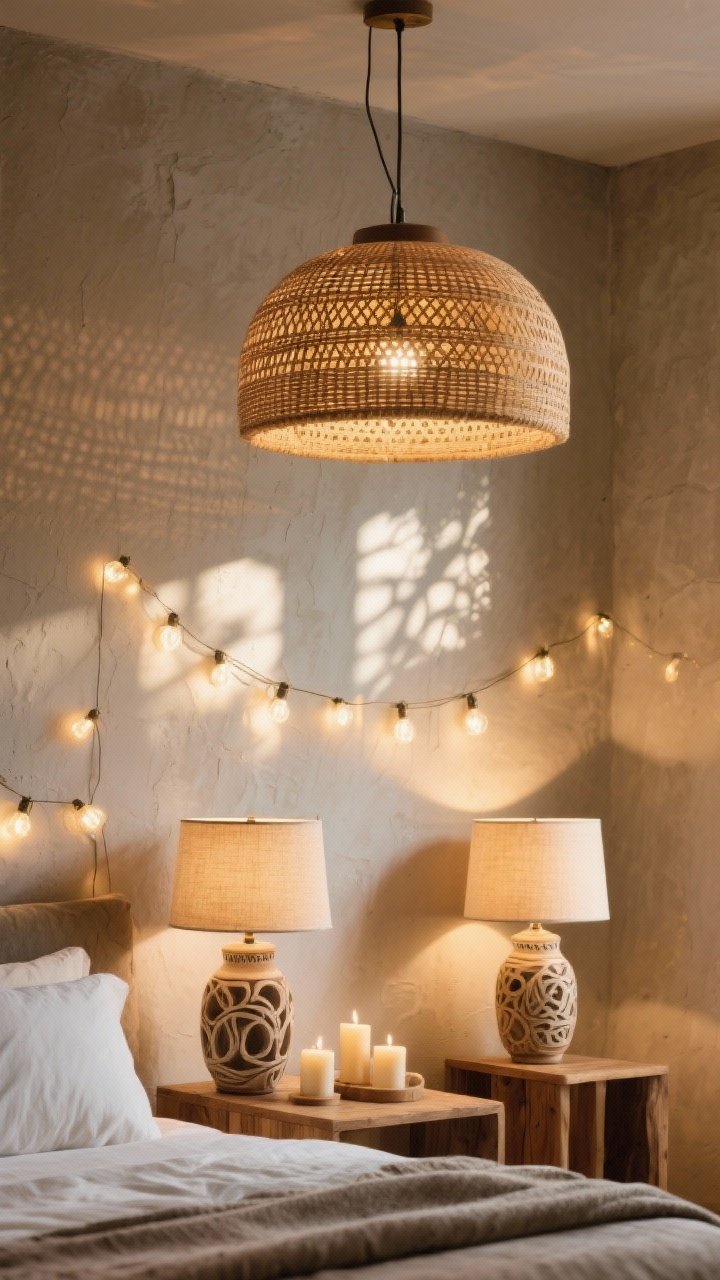 Medium shot highlighting statement lighting: woven pendant dome shade overhead casting warm patterns, paired with artsy bedside lamps featuring ceramic or carved wood bases; soft strand lights and candles adding a golden-hour glow; bulbs set to warm white 2700K–3000K; layered shadows on a textured wall; photorealistic.