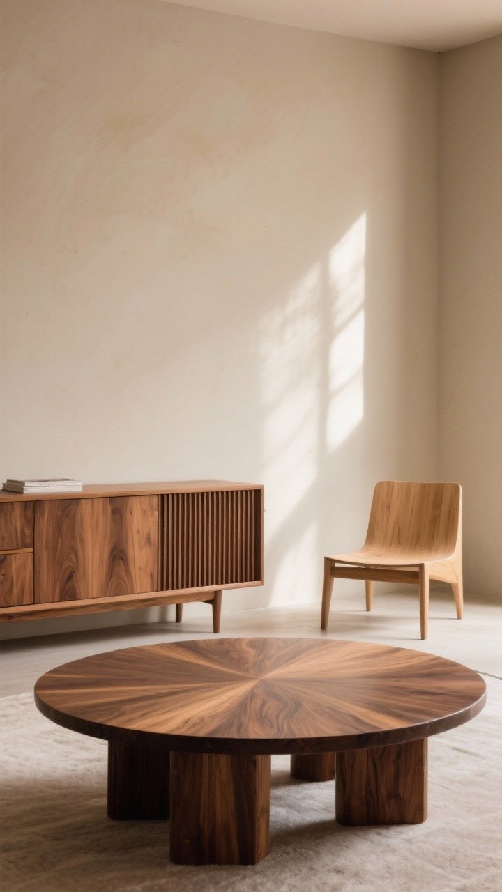 Medium shot highlighting wood as the star: a statement walnut coffee table with rich grain, fluted wood sideboard along the wall, and a light oak accent chair; mixed wood tones intentionally non-matching; neutral backdrop in creams and taupes; side light raking across the fluted texture to emphasize shadows and warmth; organic, curated feel.