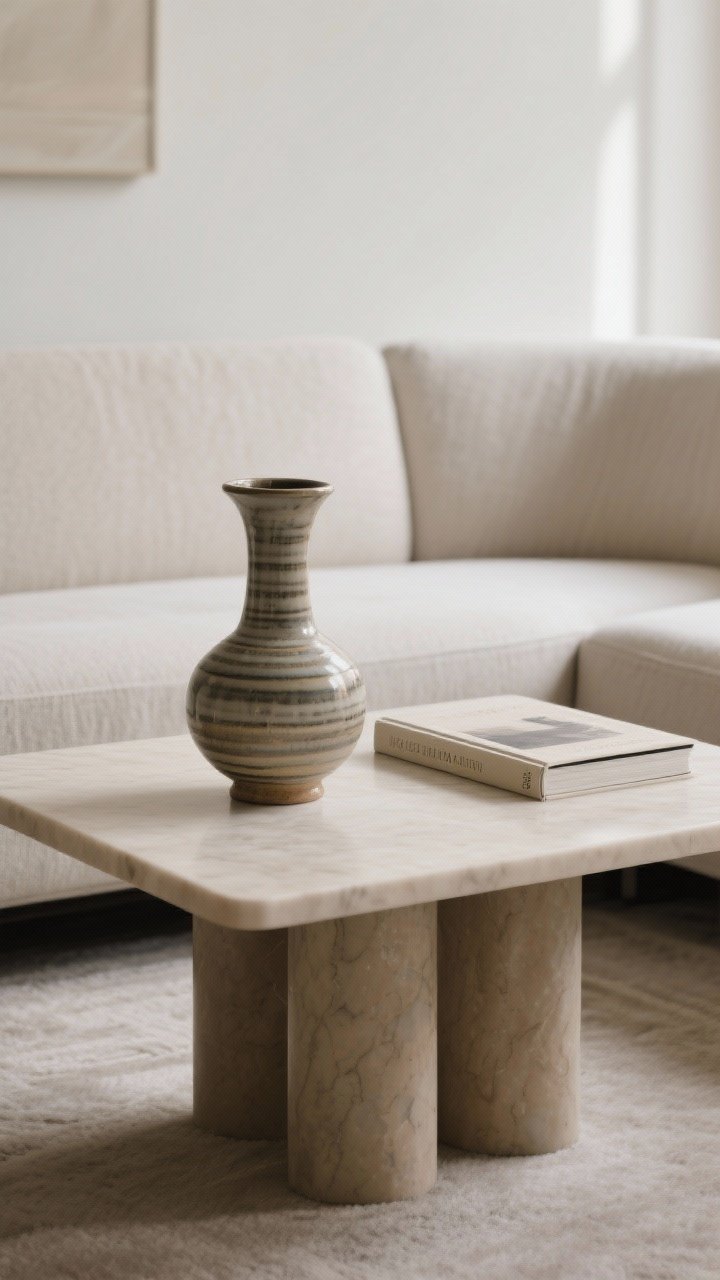 Medium shot illustrating scale and proportion: on a small coffee table, one statement piece (a tall, but under half sofa seat height, ceramic vase) paired with one support item (a single book). Leave a 4–6 inch border around edges for breathing room. Soft, even daylight; emphasize clear sightlines to the sofa.