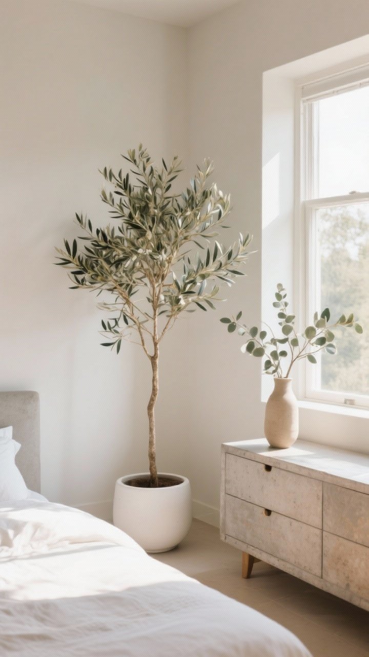 Medium shot: Intentional nature accent—a tall airy olive tree in a matte white pot placed in a bedroom corner by a window, plus a slim vase with eucalyptus branches on a dresser; concrete and warm stoneware finishes keep it simple; light, bright morning sun filtering in, photorealistic.