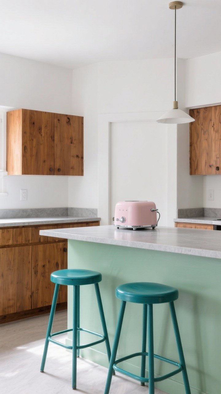Medium shot: Kitchen island painted in muted avocado with warm wood perimeter cabinets, paired with teal bar stools and a dusty pink small appliance on the counter. Crisp white walls, soft gray counter. Balanced palette with modern restraint. Soft daylight with gentle shadows, no clutter, retro tones in doses.