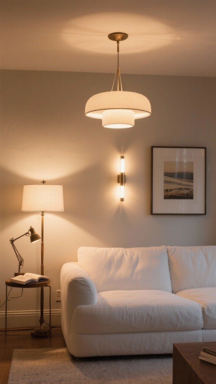 Medium shot: Layered lighting around a white sofa—ambient ceiling pendant, a task floor lamp by the couch for reading, and accent picture lights washing framed art; all bulbs at 2700–3000K for a cozy glow that flatters white fabric; gentle pools of light and controlled shadows set a warm evening mood.