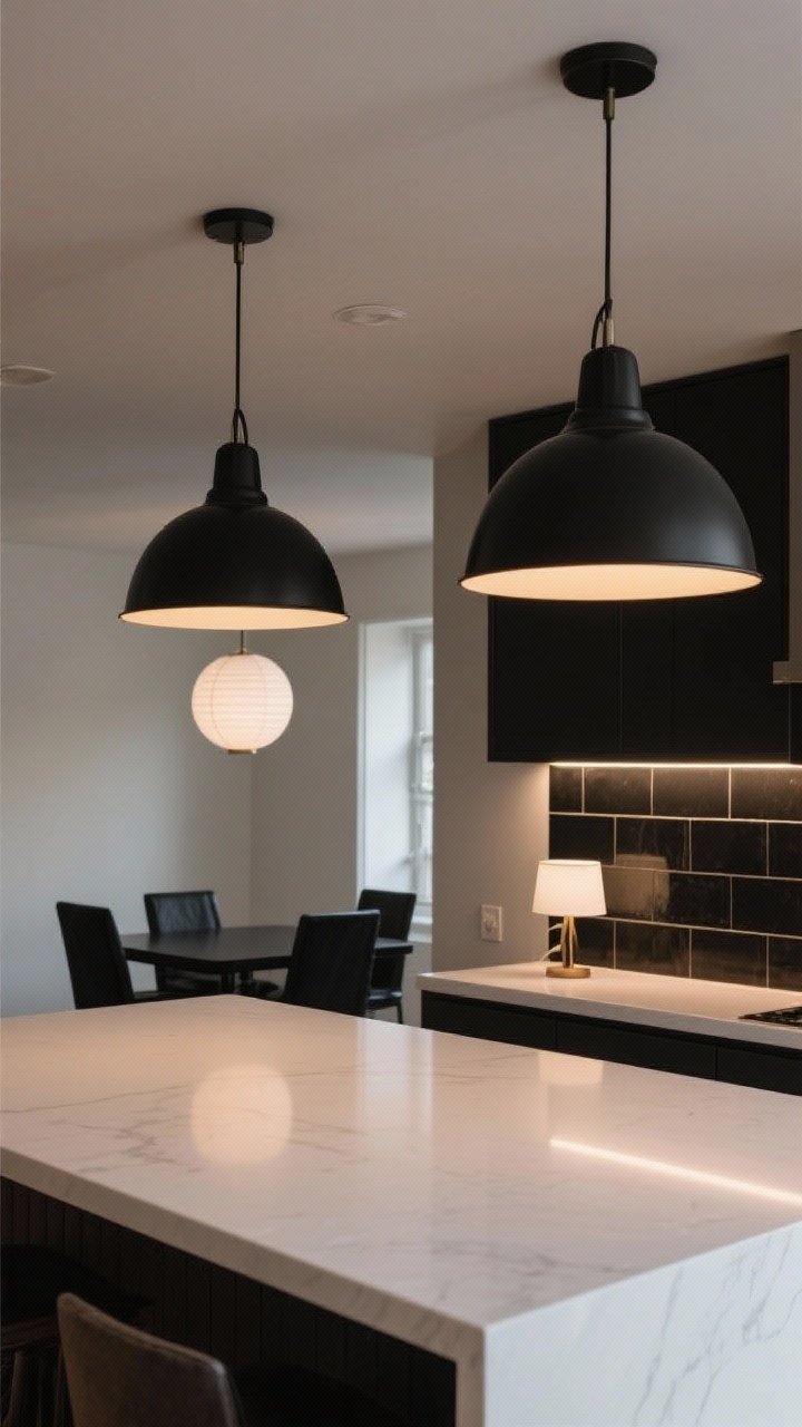 Medium shot: Lighting moment over a white island—two oversized matte black pendants with warm 2700K bulbs casting a moody glow; LED under-cabinet strips illuminating a black backsplash; a small table lamp with a white shade on the counter; black dining table in the background under a delicate white globe chandelier; layered, cozy ambience.