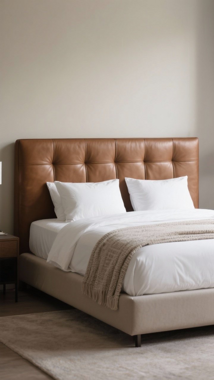 Medium shot: Low-profile platform bed with an upholstered headboard in tobacco-brown leather featuring channel tufting. Bed layers like a hotel: fitted sheet, top sheet, crisp white duvet, and a subtle textured throw at the foot. Two quality sleep pillows plus two simple shams; bed height lands around mid-thigh. Neutral, photorealistic lighting.
