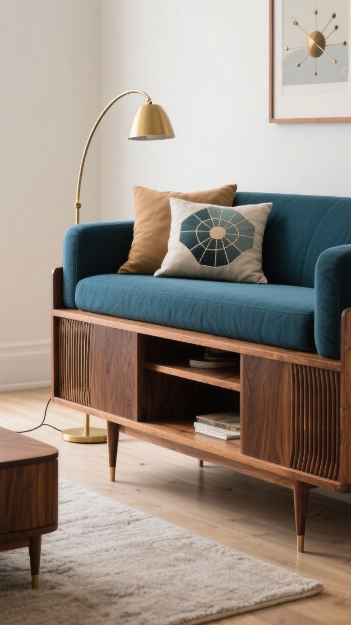Medium shot: Mid-century modern scene with a navy/teal couch on tapered legs, a walnut media console with tambour detailing, a brass arc lamp, and geometric/atomic-inspired pillows in muted tones; warm wood, clean lines, timeless vibe, photorealistic.