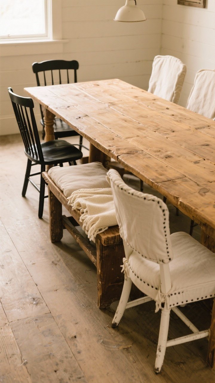 Medium shot: Mixed seating around a wood farmhouse table—black Windsor side chairs on one side, a long vintage wood bench with a cushioned seat and soft cream throws on the other, and two slipcovered captain’s chairs in off-white at the ends; cohesive palette of creams, blacks, and soft wood tones; side angle composition showing the curated mix under warm ambient light.