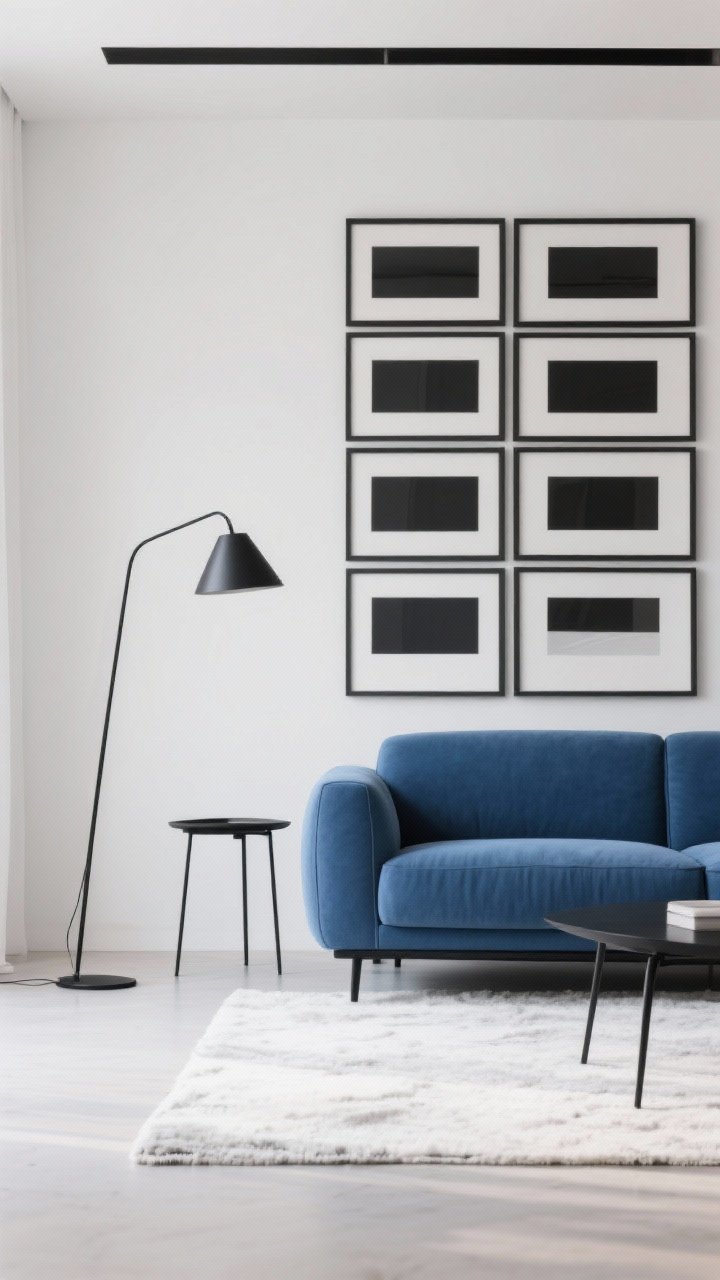 Medium shot: Modern setup with a blue couch accented by slim black details—a thin black metal floor lamp, black picture frames in a clean grid, and a small black side table; a light, white rug balances the contrast; airy lines and cohesive repetition of black, photorealistic.