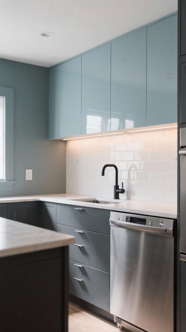 Medium shot: Moody-meets-airy wall run with charcoal lower cabinets (warm-undertone gray), pale blue uppers, glossy white tile backsplash, stainless steel appliances, and matte black faucets tying to the darker base; cool daylight balanced with warm under-cabinet glow to keep the room bright.