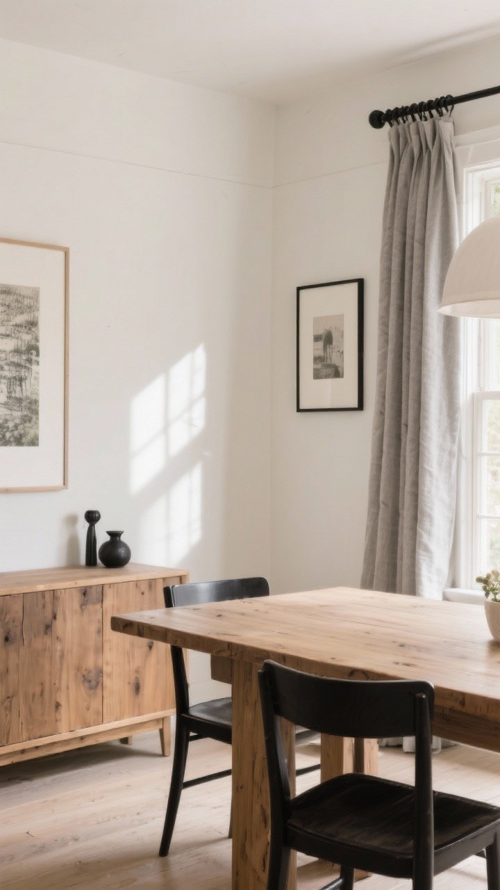 Medium shot: Neutral farmhouse palette—walls painted creamy white (Alabaster/Swiss Coffee vibe), warm wood dining table and matching wood tones repeated on a console, with matte black accents in curtain rods and framed prints; soft grey linen curtains; gentle daylight with shadows adding contrast; composition focuses on the play of cream, beige, and black.