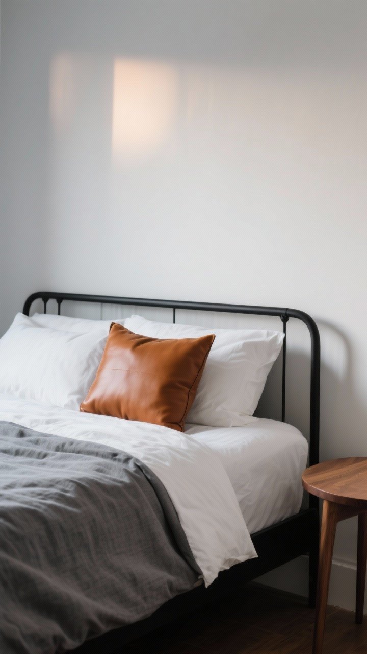 Medium shot of a bed vignette layering neutrals with one saturated accent: black bed frame, gray linen duvet, white sheets, warm wood side table, and a single cognac leather pillow as the punch of color; include a muted backdrop (white or light gray wall), soft evening light for warmth, and restrained styling.