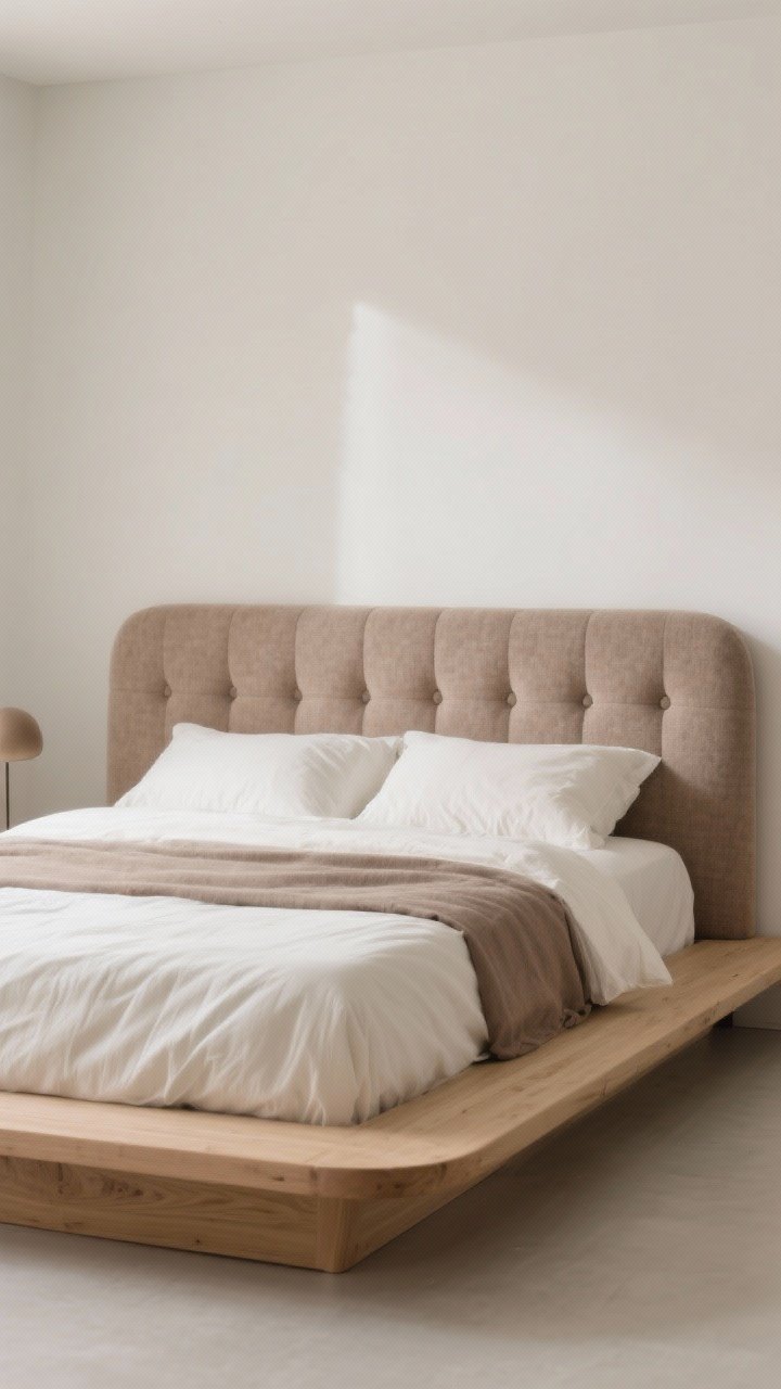 Medium shot of a bed with soft edges: a low-profile light oak platform bed with rounded corners and a mushroom-colored textured upholstered headboard; bedding in cream and taupe; no tufted buttons or ornate frames; soft, even ambient light highlighting the sleek lines and plush forms to create a serene, grounded look.